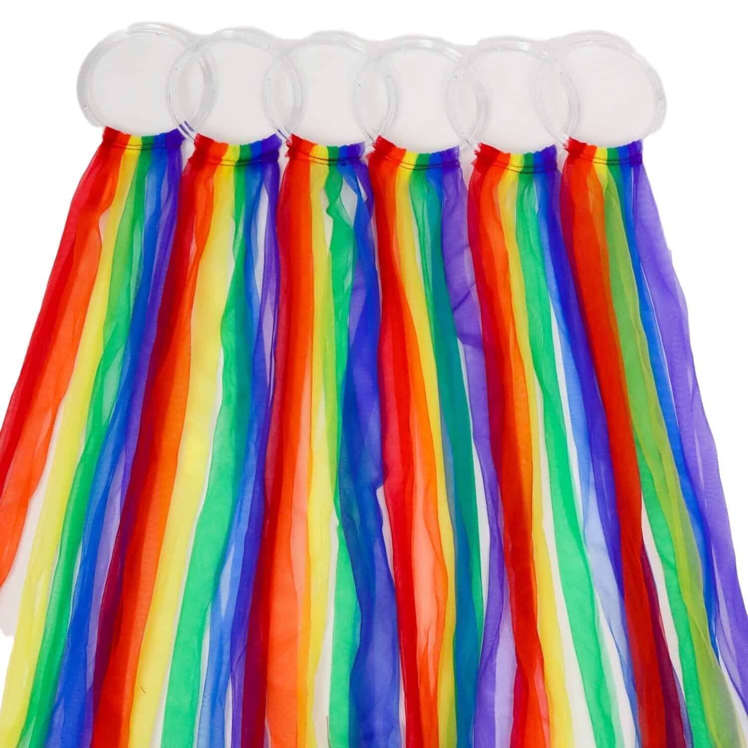 Set of 6 Hoops with 24 Chiffon Scarf Streamers in Rainbow with Storage Bag, Creative Movement Prop for Dancing, Preschool, Music Education. Direct